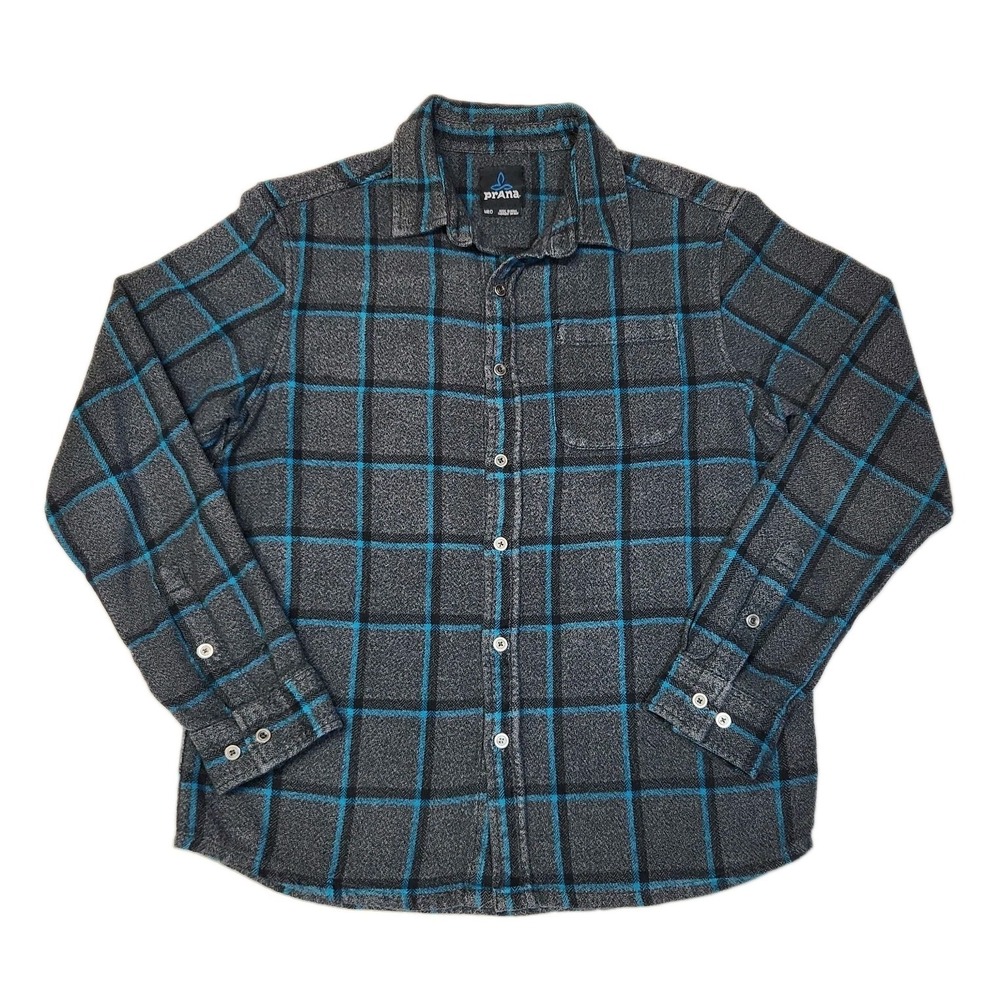 prAna Men's M Gray Teal Plaid Flannel Shirt 100% Cotton Button Up Hiking